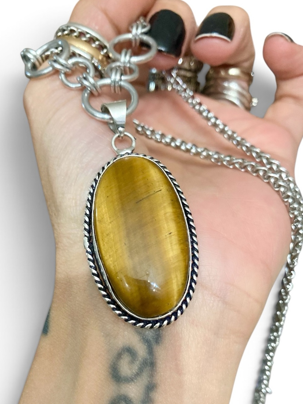 Genuine golden tiger eye gemstone boho oval medallion charm silver necklace - Picture 2 of 14